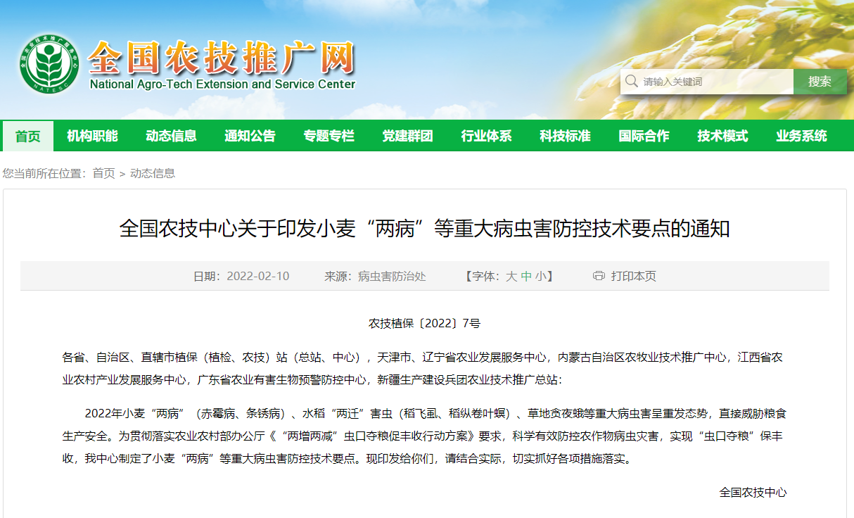 全國農(nóng)技中心關(guān)于印發(fā)小麥“兩病”等重大病蟲害防控技術(shù)要點的通知